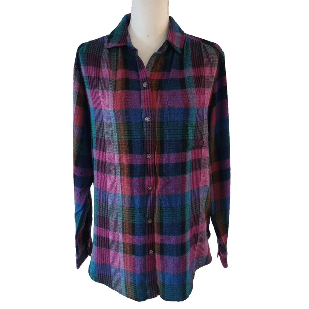 Beach Lunch Lounge Button Front Shirt Medium Blue Purple Plaid Long Sleeve